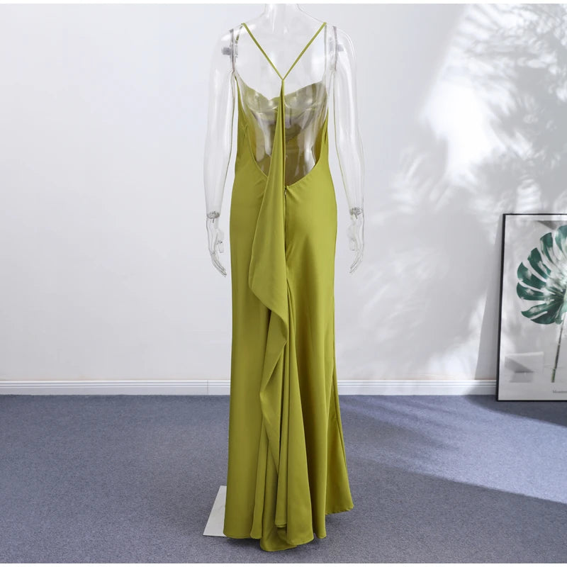 Backless Satin Long Sling Dress Women V Neck Sleeveless Slit Solid Sexy Party Dresses 2026 Summer Lady Vacation Evening Robes