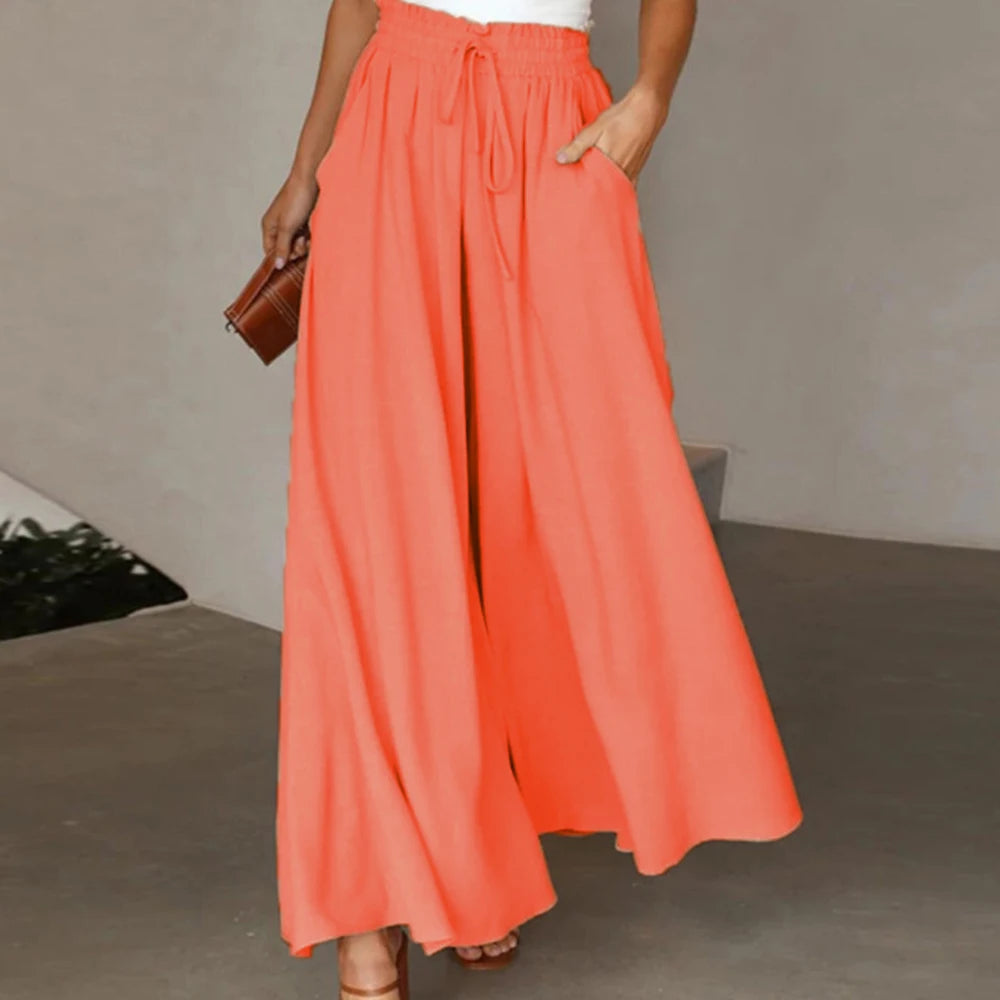 Women Casual Elastic Waist Wide Leg Pants Summer Elegant Drawstring Loose Straight Trouser Elegant Solid Pants Vacation Beach