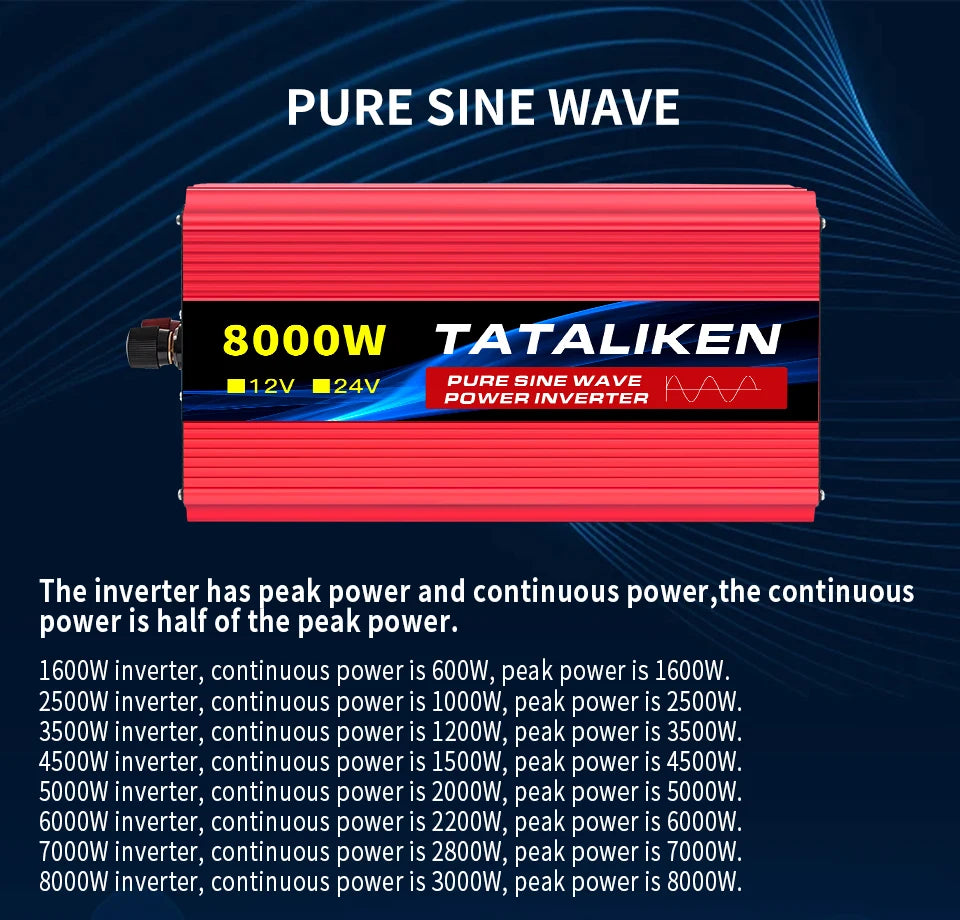 Power Inverter 10000W DC 12V to AC 110V 60HZ Pure Sine Wave Inverter with LCD Display Remote Control 4AC Outlets