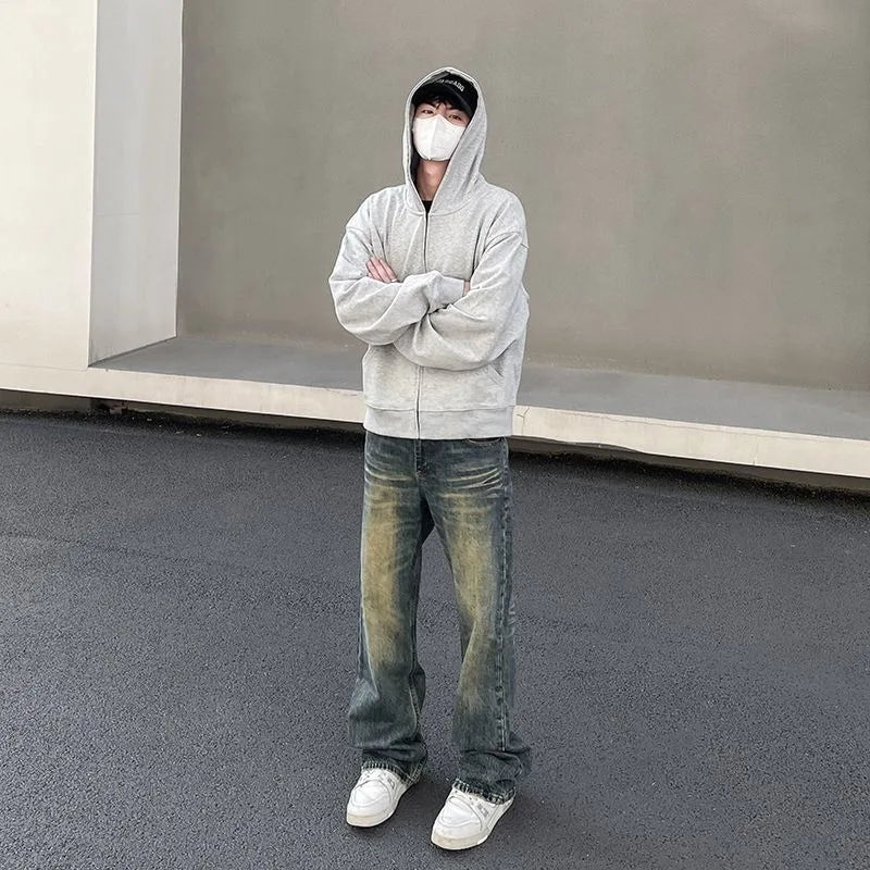 Mens Vintage Washed Distressed Loose Flare Denim Jeans