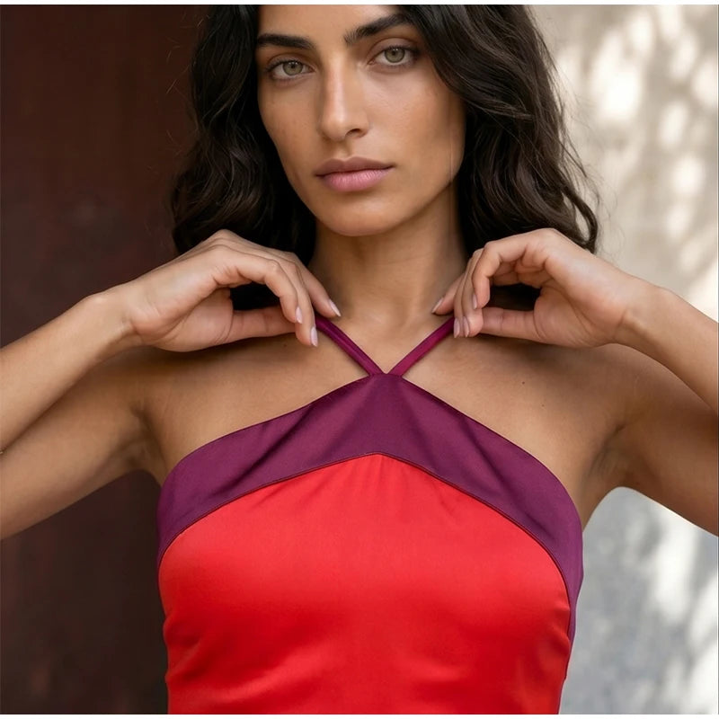  Women Sexy Color Blocking Halter Maxi Dresses Elegant Backless Off shoulder Sleeveless Slim Gowns 2026 New Lady Party Vestidos