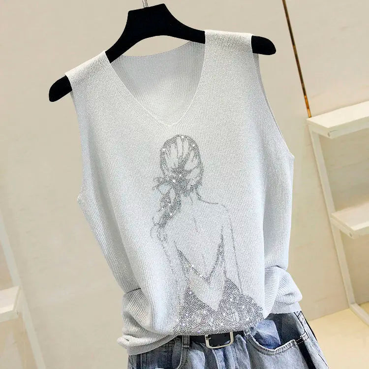 2025 Summer Hot Rhinestone Sleeveless Vest Women's Spring New Style V-neck Loose All-match Sling Knitted Top Girl T-shirt Green
