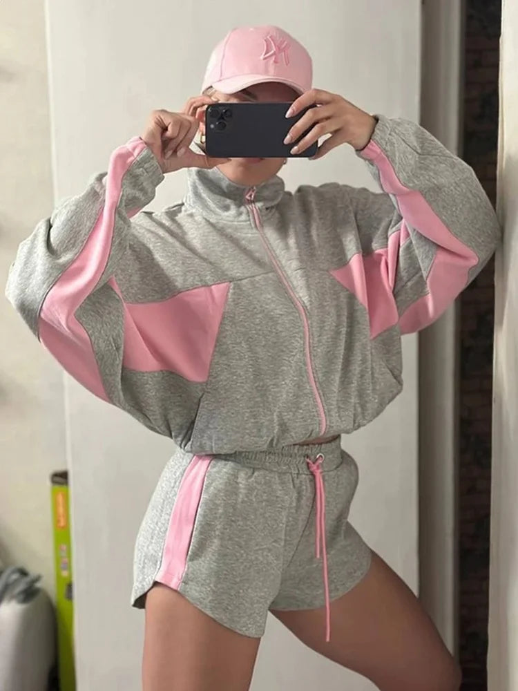Lady'snavy Chevron Stripe Windbreaker Tracksuit Zip Cropped Jacket Contrast Trim Shorts 2026 Casual Sport Daily Jogging Street