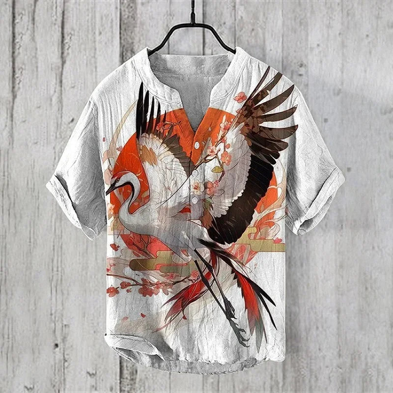Men's Linen Comfortable Soft Men's Short Sleeve Shirt Hawaiian Fashion Splicing Print Stand Collar Button Shirt Summer Style