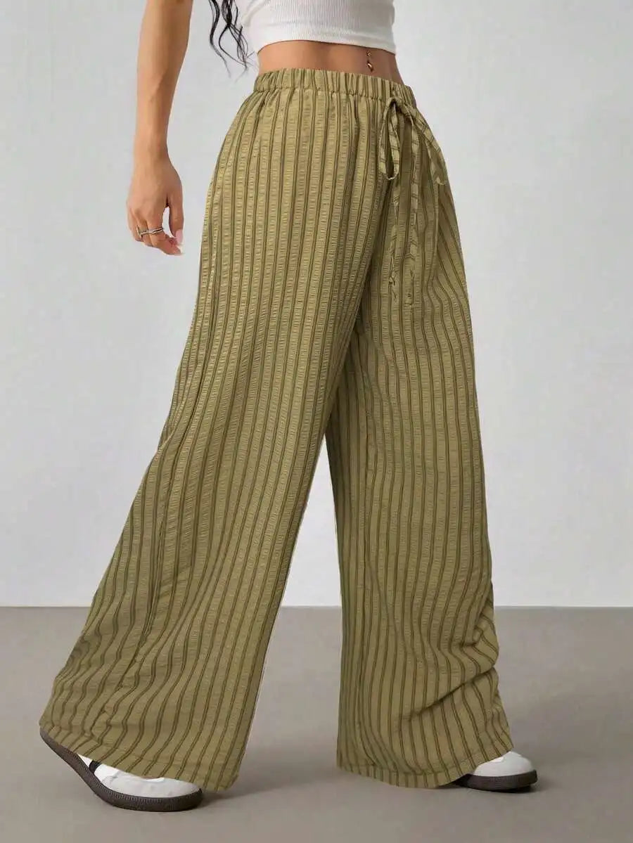 Women's Casual Striped Wide-Leg Pants   Summer Commute Fashion Drawstring Elastic Waist  Versatile Relaxed Straight Leg Trousers
