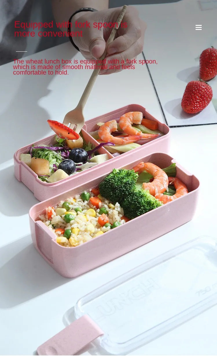 Wheat Straw Lunch Box ，Stackable Bento Box Microwave Dinnerware Food Storage Container with Spoon Fork For Student Work，2 Layer