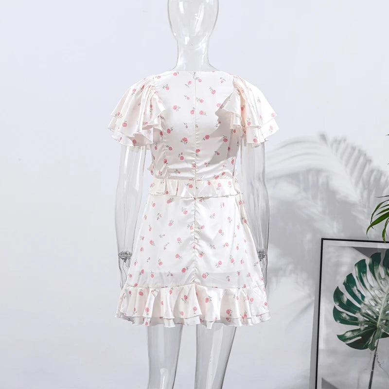 Elegant Floral Print Chiffon Dress Women's Backless Long Sleeve Ruffle Waist Cutout Tiered Dresses 2026 New Lady Party Wear
