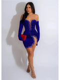Women Diamonds Hot Rhinestones Velvet Ruched Side Split Bodycon Midi Dress with Cuff 2026 Sexy Party Dresses Vestidos