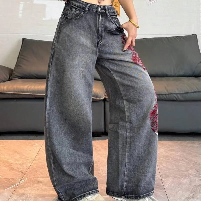 Summer Vintage Dark Grey Fade Women High Waist Wide Leg Jeans Side Red White Abstract Embroidery Euro Street Denim Casual Pants