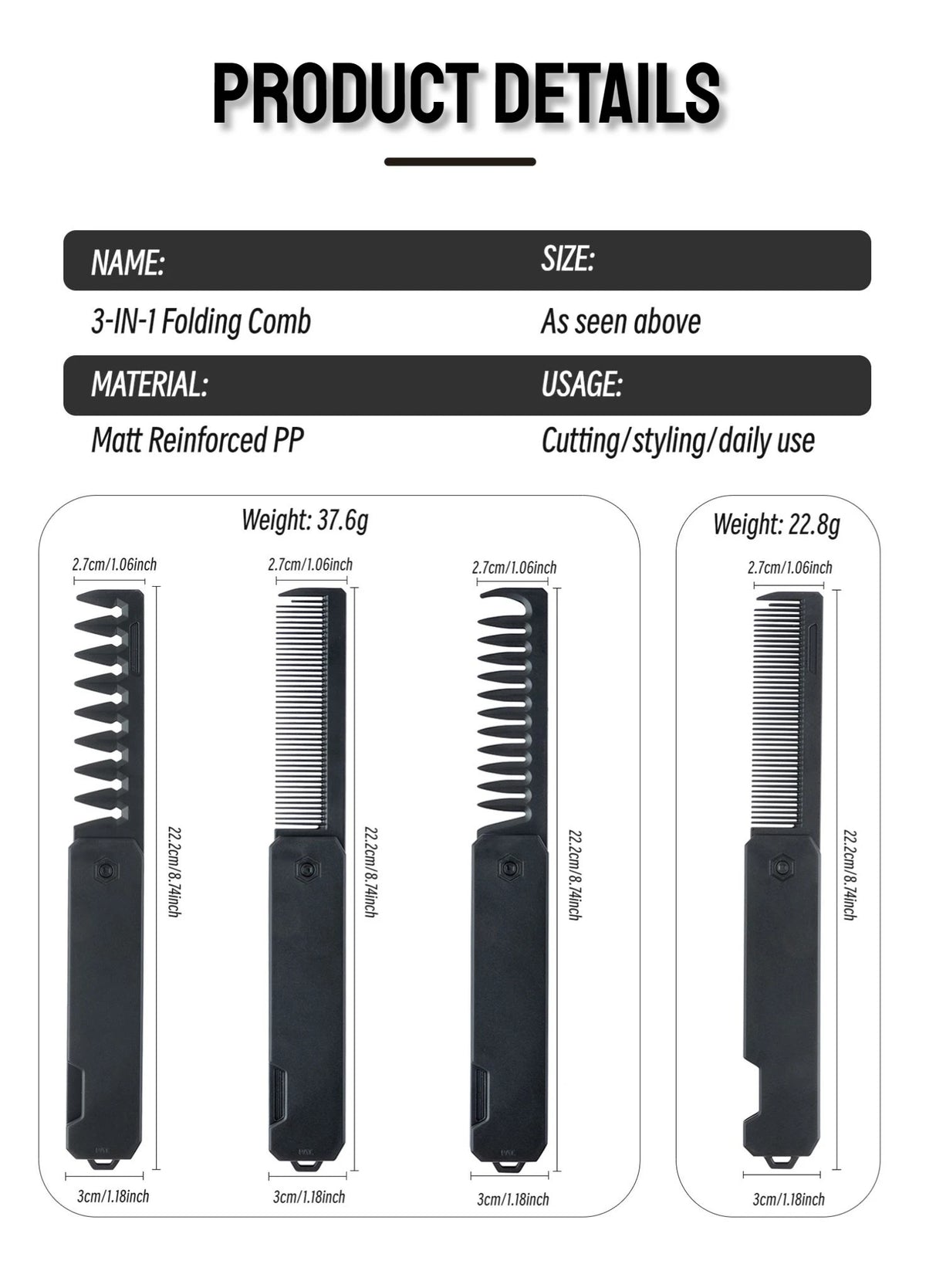 New 1/2/3 in 1 Pocket Folding Combs Plastic Wide Tooth Oil Head Comb Beard Combing Barber Clipper Comb Salon Hair Styling Tools