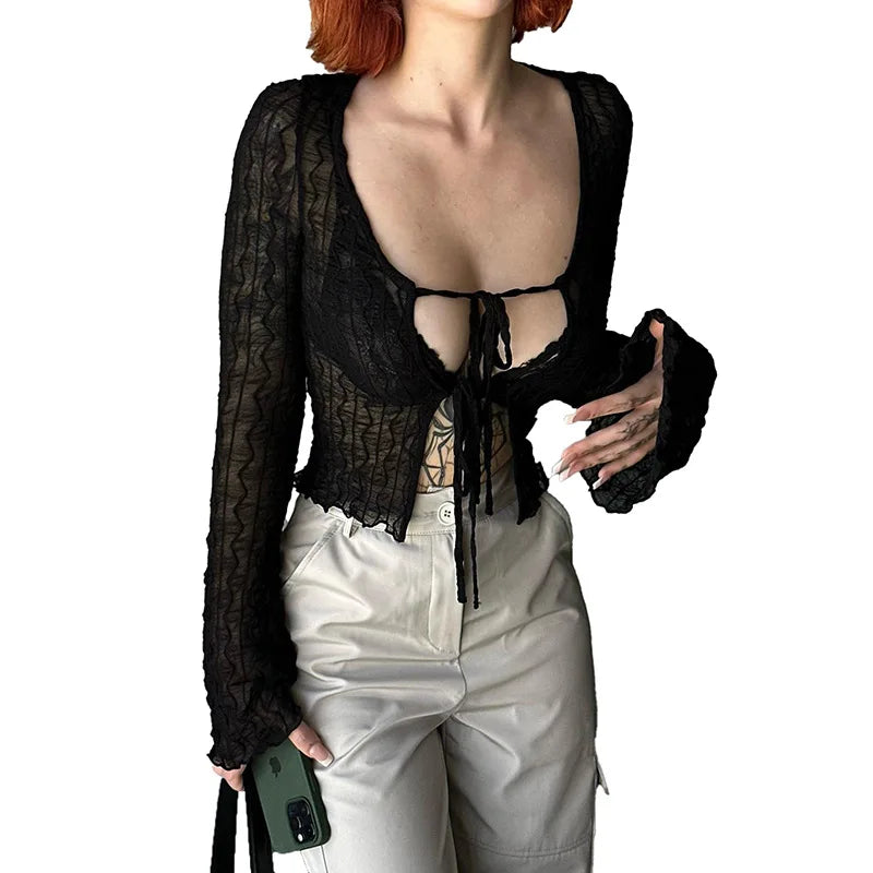 Gothic Lace Up Sexy Blouses Grunge Y2k Fairycore Long Sleeve T-shirts Female Transprent Skinny Fashion Tops