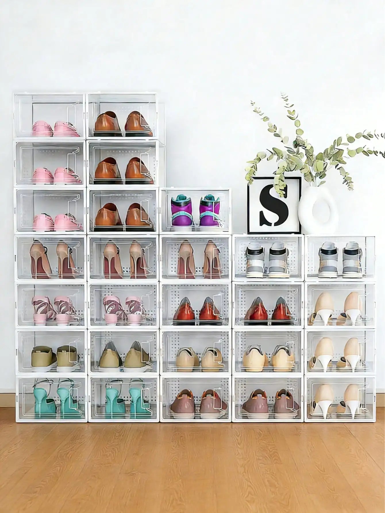 12 Pack Large Clear Plastic Stackable Shoe Storage Boxes with Lids, Modular Space Saving Sneaker Display Organizer Bins for Closet