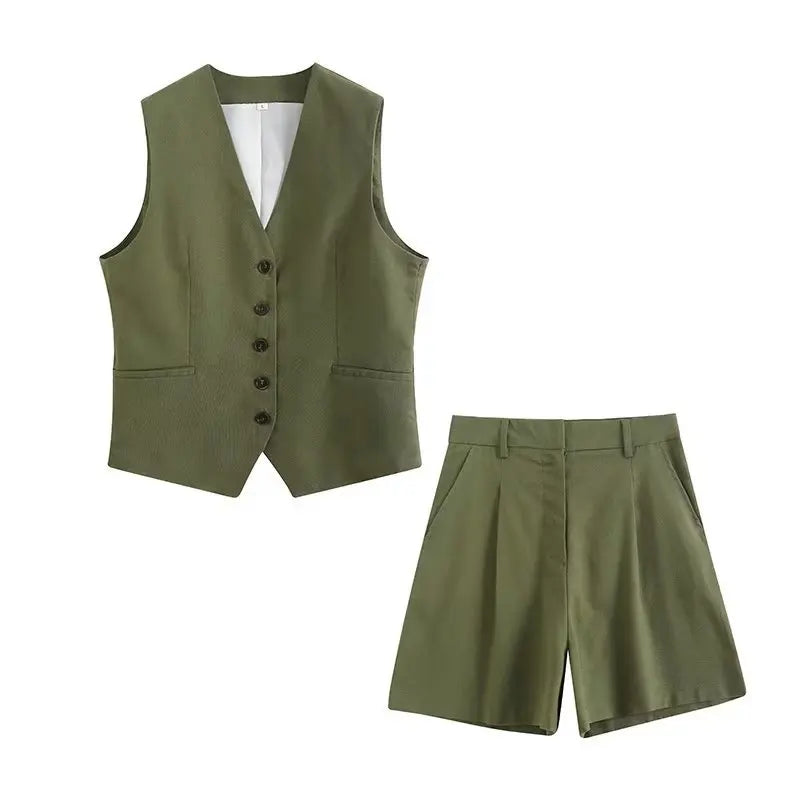 Retro Linen Office Lady Women Suits V Neck Vest Blazer Commuter Wide Leg Shorts Fashion 2024 Summer Vintage 2 Piece work clothes