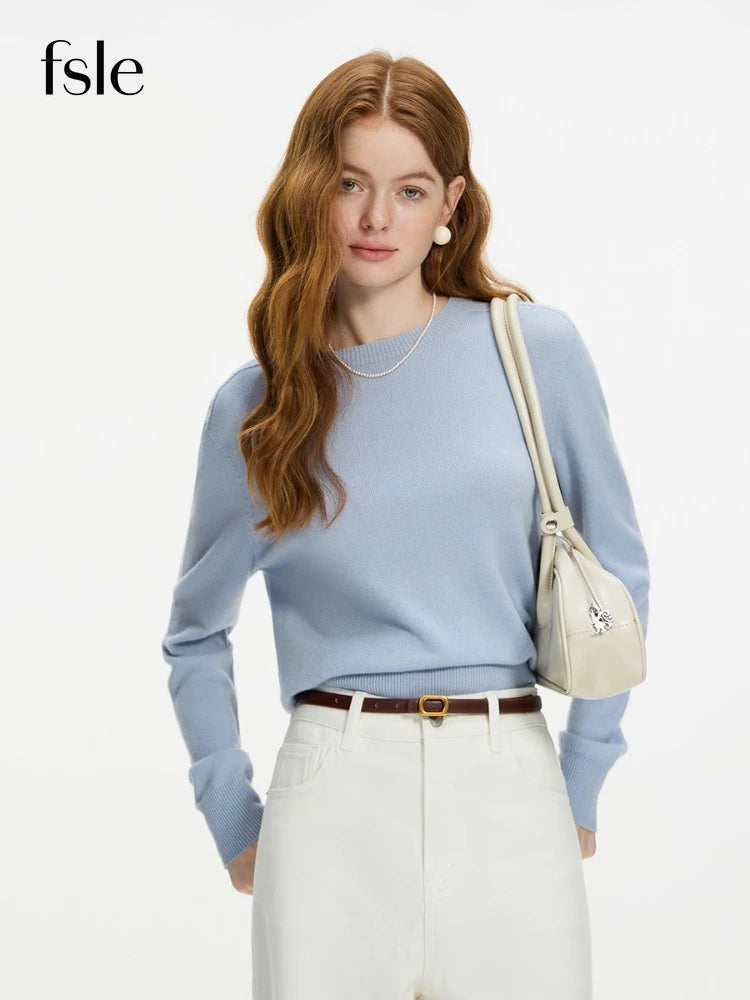 FSLE 100% Wool Seamless One-piece Knit Shirt Sweater For Women Autumn Winter New Design Wool Crew Neck Versatile Casual Sweater