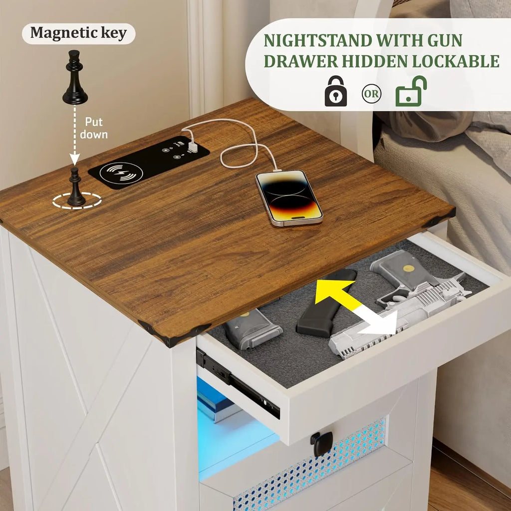 LED Nightstand with Gun Drawer & Charging Station | Human Sensor Lights, Hidden Storage, Farmhouse Rattan Style, 3 Drawers, Beds
