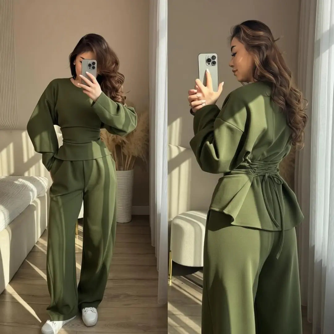 Women's 2 Piece Long Sleeve Top and Wide Leg Pants Set Casual Solid Color Pullover Sweatshirt and Trousers Lounge Wear Outfit