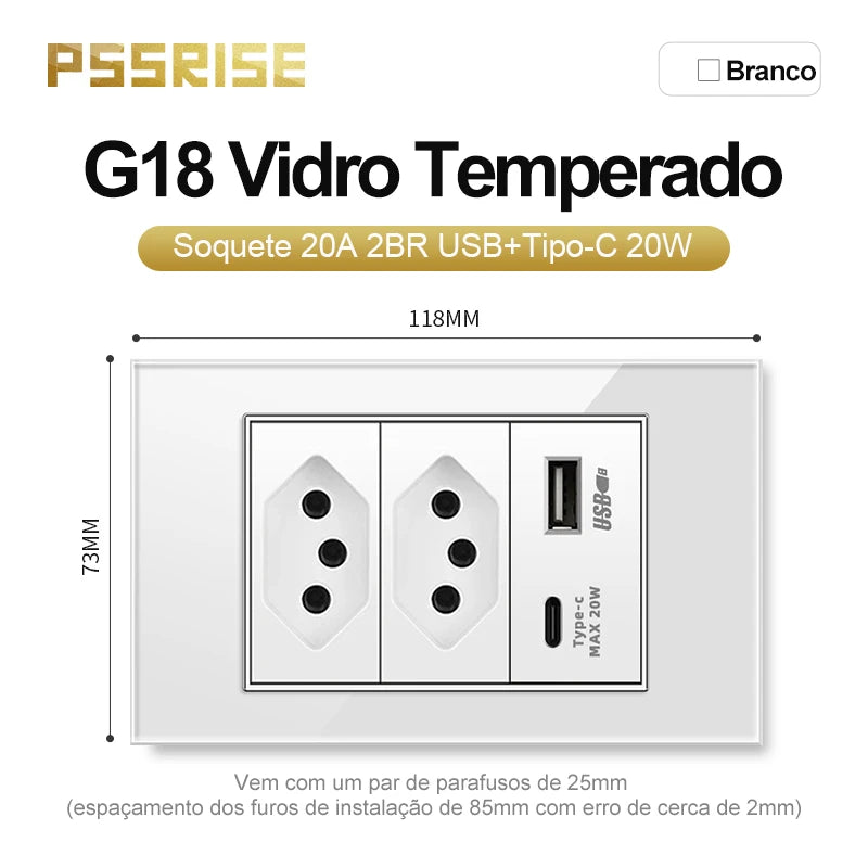 PSSRISE White Tempered Glass Standard sockets and switches brazil Switzerland Usb Type C Wall Socket Light Switch Smart Switch