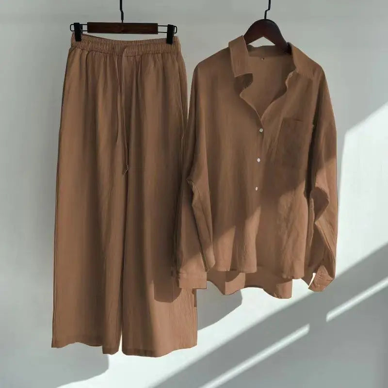 Women's 2-piece set 2026 Spring Autumn New Long sleeved Cotton linen Shirt top+High waisted loose Pants Comfortable Casual Sets