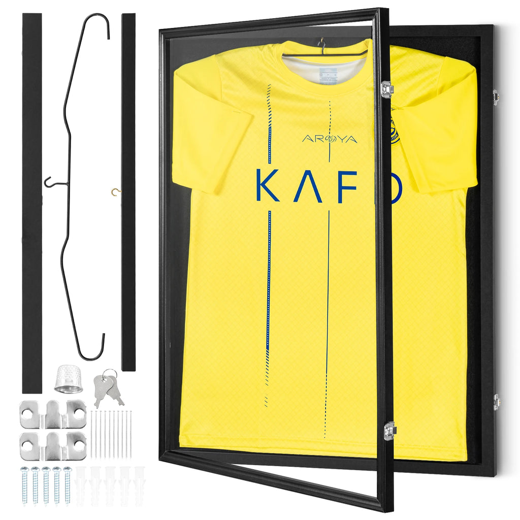 SucceBuy Jersey Display / Sports Card Display Frame Case, Large Lockable Sport Shadow Box, 98% UV Protection PC Glass & Hangers