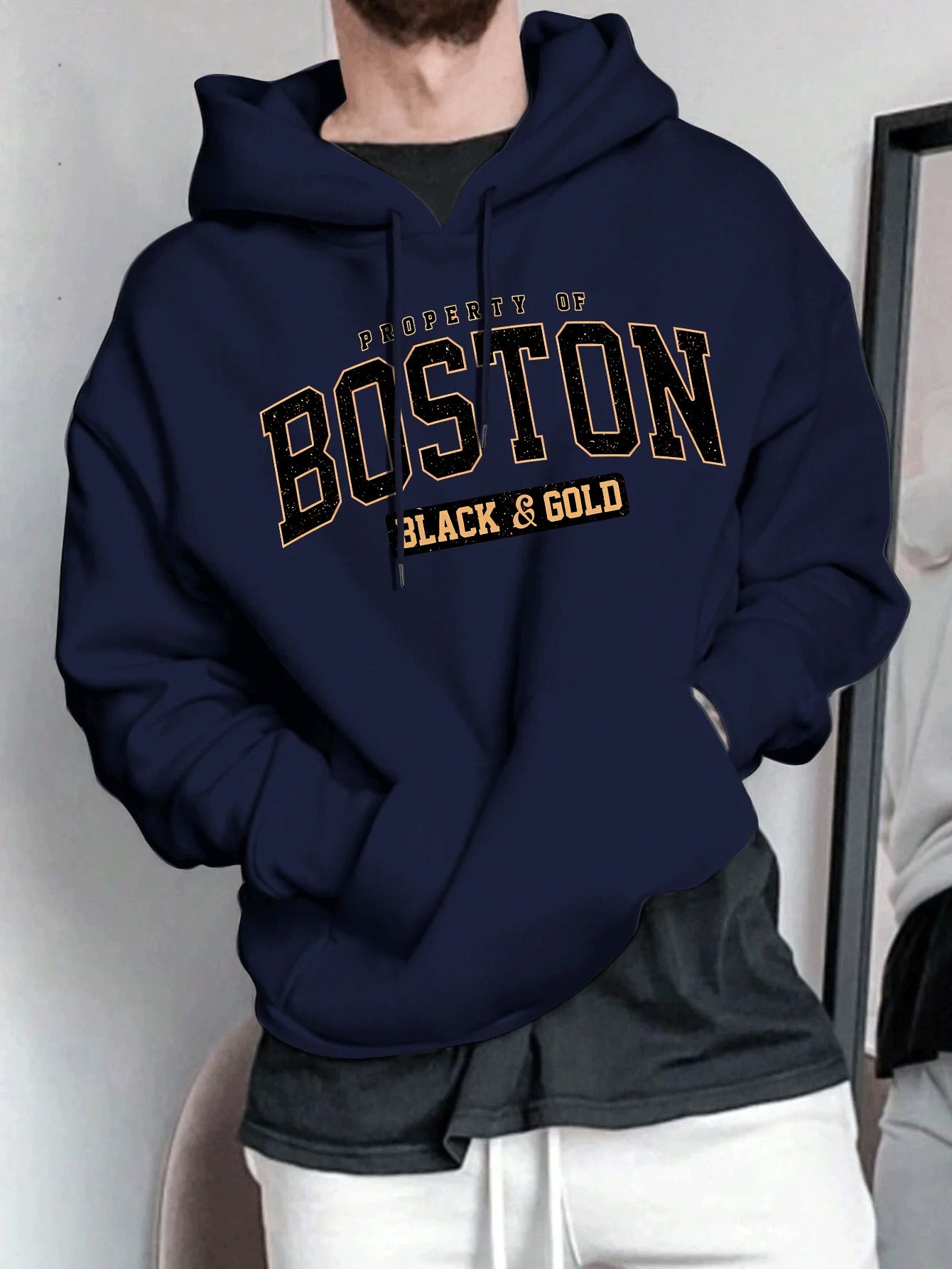 Men's Spring and Autumn Casual Warm Loose Fashion Boston Letter Pattern Printed Long Sleeve Round Neck Hoodie