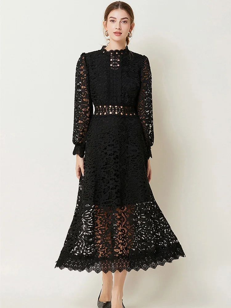 Solid Lace Holloe Out Slimming Elegant Dresses For Women Stand Collar Long Sleeve High Waist Minimalist Dress Female Fashion