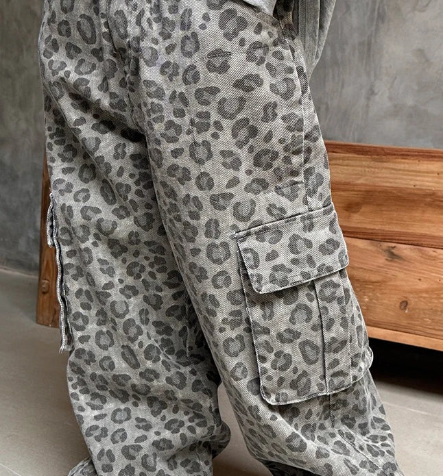 Boys Girls Spring Autumn Cargo Pants 2025 New Fashion Casual Daily Leopard Print Long Trousers for 2-11Y Kids