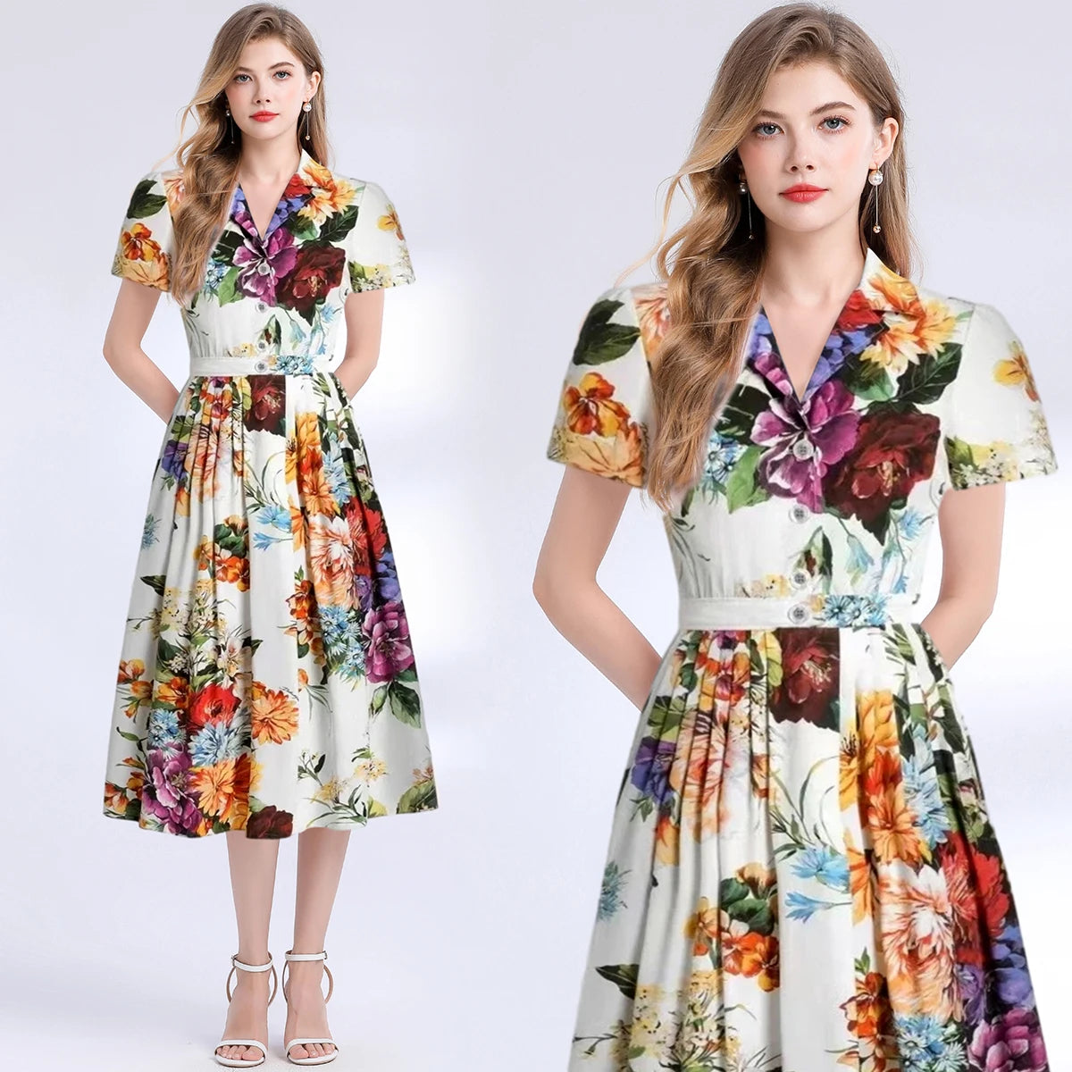 Summer Runway Holiday Flower Shirt Dress Women's Notched V-Neck Short Sleeve Single Breasted A-Line Pleated Midi Vestidos