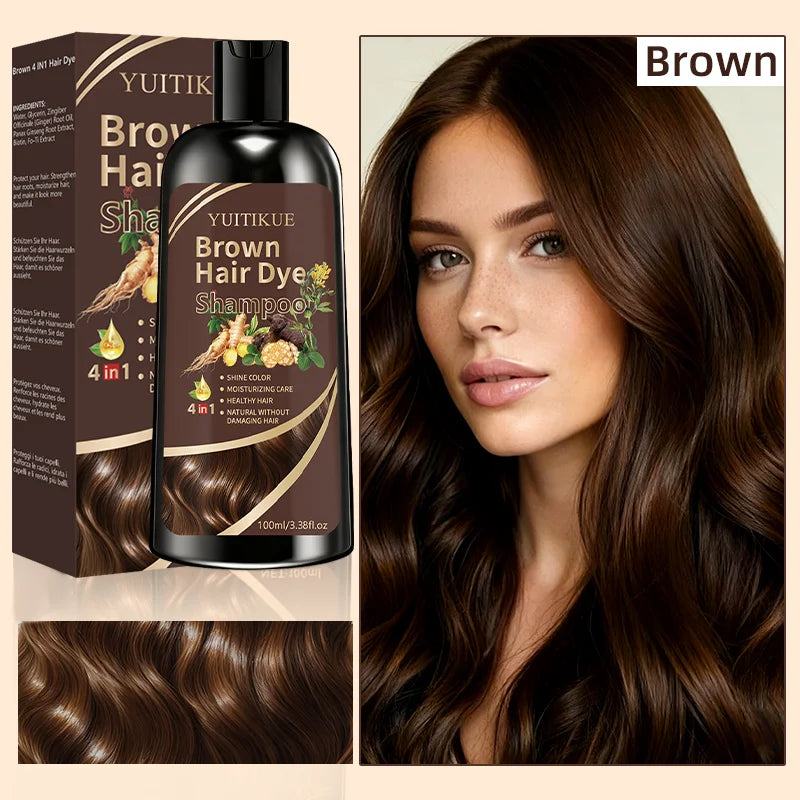 YUITIKUE Brown Hair Dye Shampoo 100ml 4-in-1 Moisturizing Care, No Damage & Fast Gray Hair Coverage