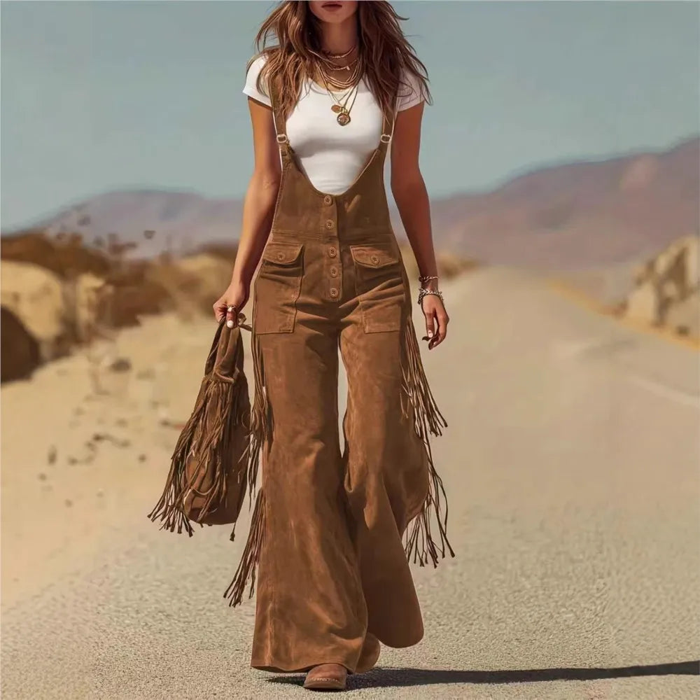 Women's Fashion Retro Western Tassel Wide Leg Jumpsuit 2026 New Casual Pocket Straps Female All-Match Rompers