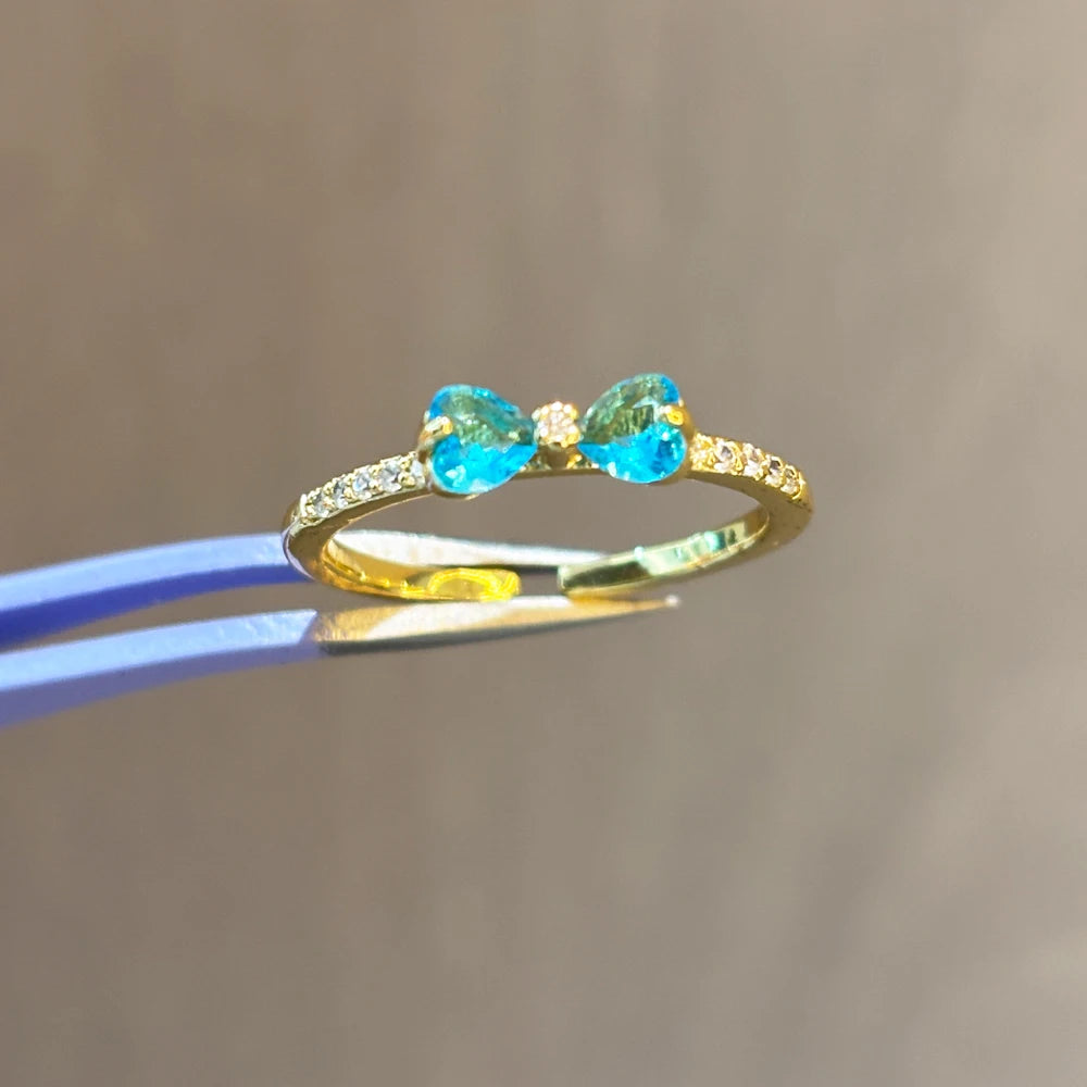 Vintage Blue Crystal Bow Knot Rings Women Gold Plated Open Adjustable Ring Sweet Heart Zircon Pearl Finger Ring Fashion Jewelry