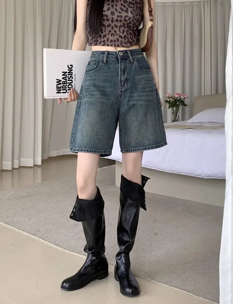 Denim Shorts Vintage High Waist Loose Fit Distressed Design Ins Style Sweet Spicy Girls All-match Casual Summer Streetwear Y2k