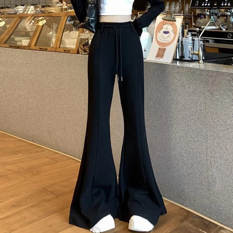 Girls Designer High Waist Flared Pants Lady Korean Slim Fit Casual Trousers Women Chic Drawstring Straight Leg Pants