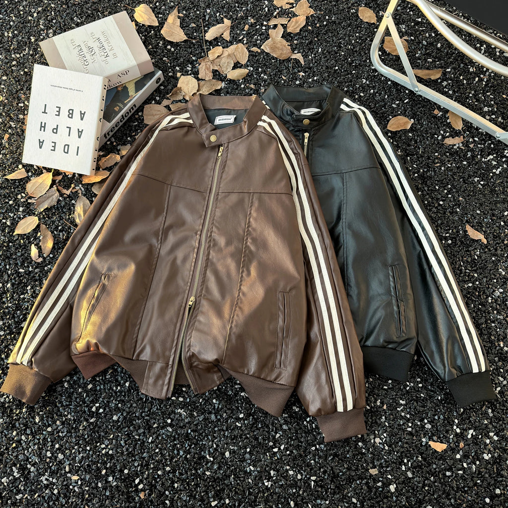 Men's Brown Leather Jacket American Retro Patchwork Striped Outerwear Youthful Style Summer Biker Coat Long Sleeve Zipper Clo...