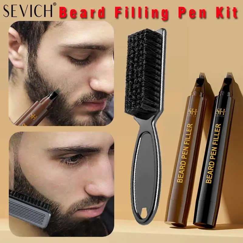 Beard Filling Pen Kit Four Prong Beard Filler Pencil With Beard Brush Waterproof Male Moustache Repair Shaping Coloring Pen