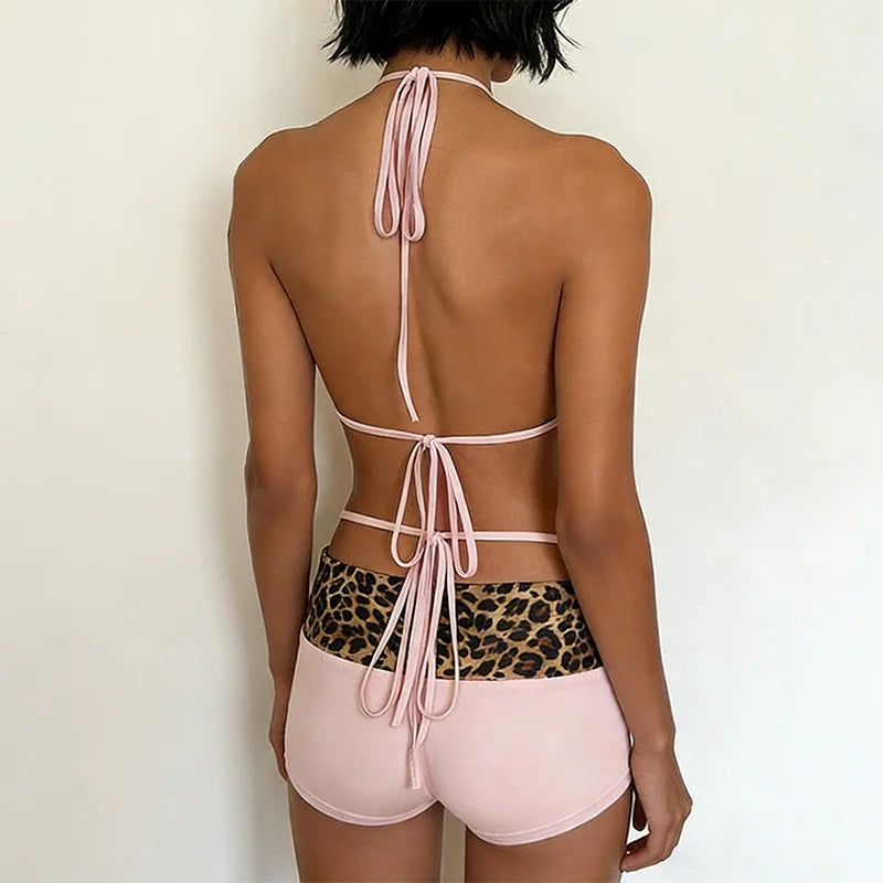 Summer Pink Leopard Print Halter Triangle Bikini Lace Up Two Piece Low Waist Shorts Women Sexy Beach Vacation Swimsuit