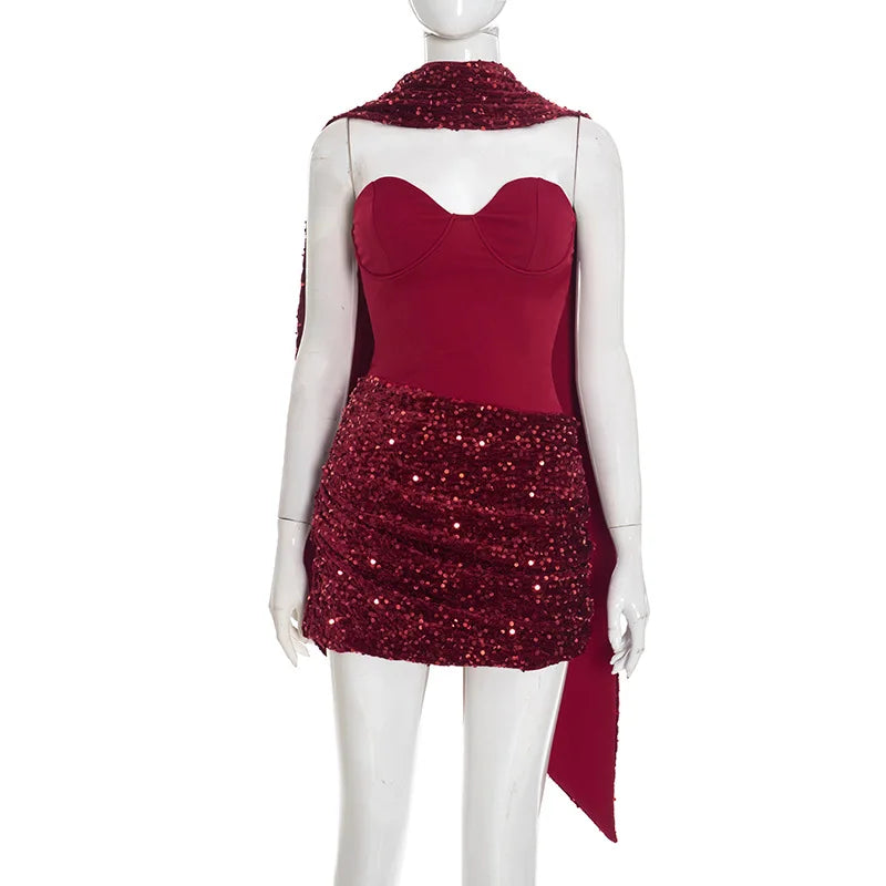 Chic Sequin Patchwork Strapless Mini Dress Women Scarf Collar Off-shoulder Waist Cinching Pleated Robe Lady Evening Party Gowns