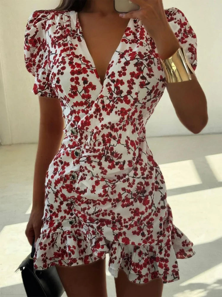 Women Chic Floral Print Bodycon Dress Holiday v-neck Pleated Patchwork Flared Sleeve Ruffle 2026 Summer Casual Latest Vestidos