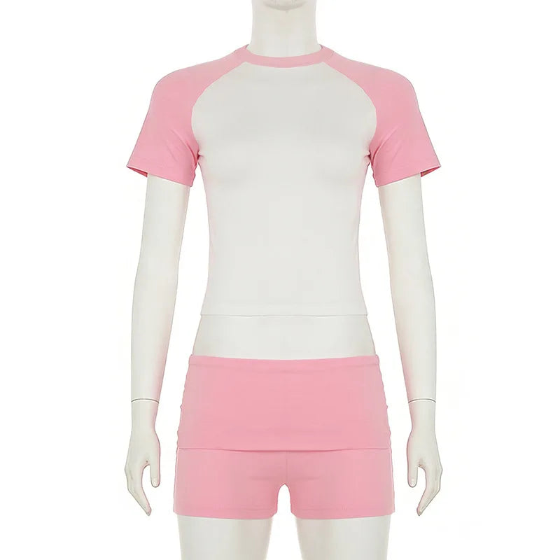 Women's Colorblock 2 Piece Outfit Set Raglan Sleeve Crop Top High Waist Foldover Waistband Biker Shorts Casual Sporty Loungewear