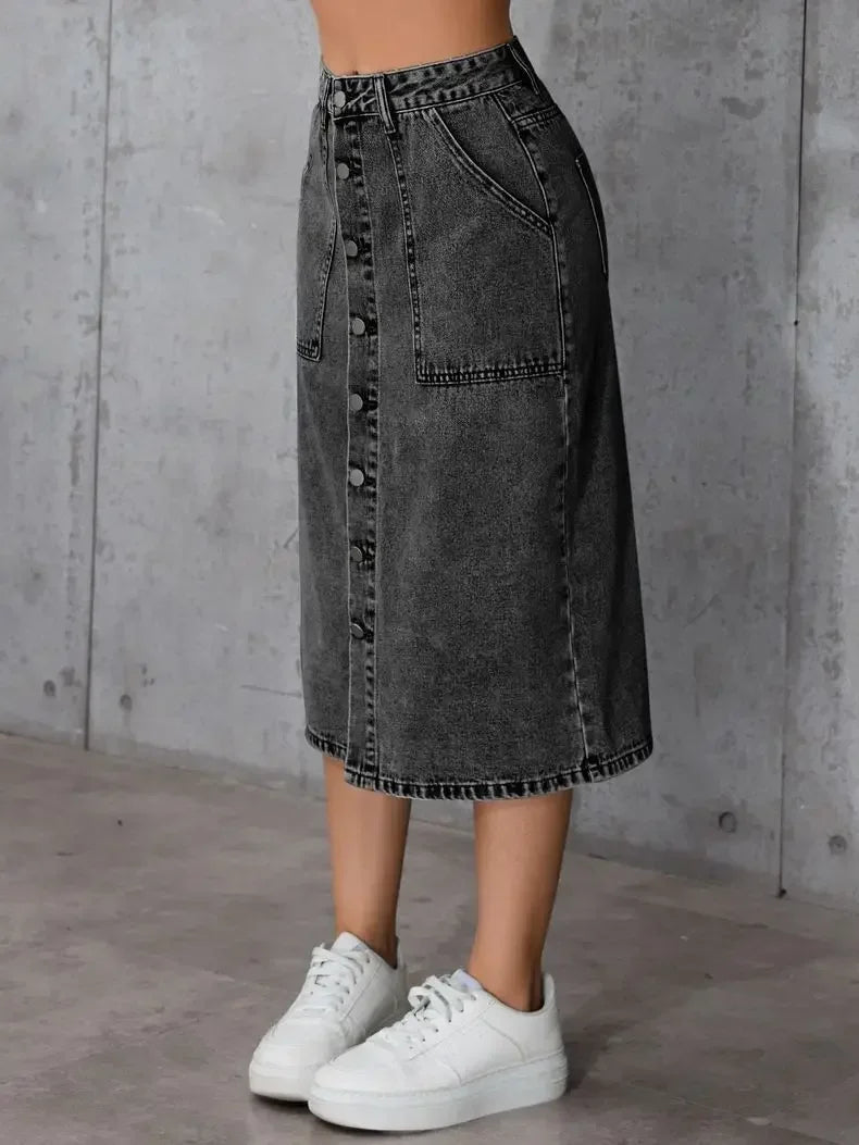 Women Waist Stretchy Denim Pencil Skirt, Midi Knee Length Slit Bodycon Flattering Casual Daily Streetwear Chic Ladies Midi Skirt