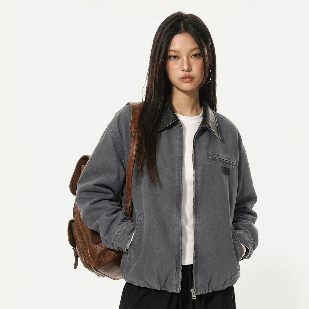 Maden Women’s Cotton Grey Detroit Jacket with Faux Leather Collar Short Solid Loose Zip Coat Spring Fall Casual Femal Outerwear