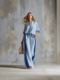 Women Boho 2 Piece Outfit Striped Trim Short Sleeve Tops Wide Leg Pants Summer Linen Casual Two Piece Set Vacation Suit