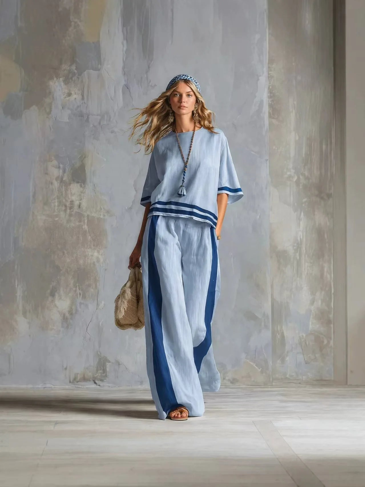 Women Boho 2 Piece Outfit Striped Trim Short Sleeve Tops Wide Leg Pants Summer Linen Casual Two Piece Set Vacation Suit