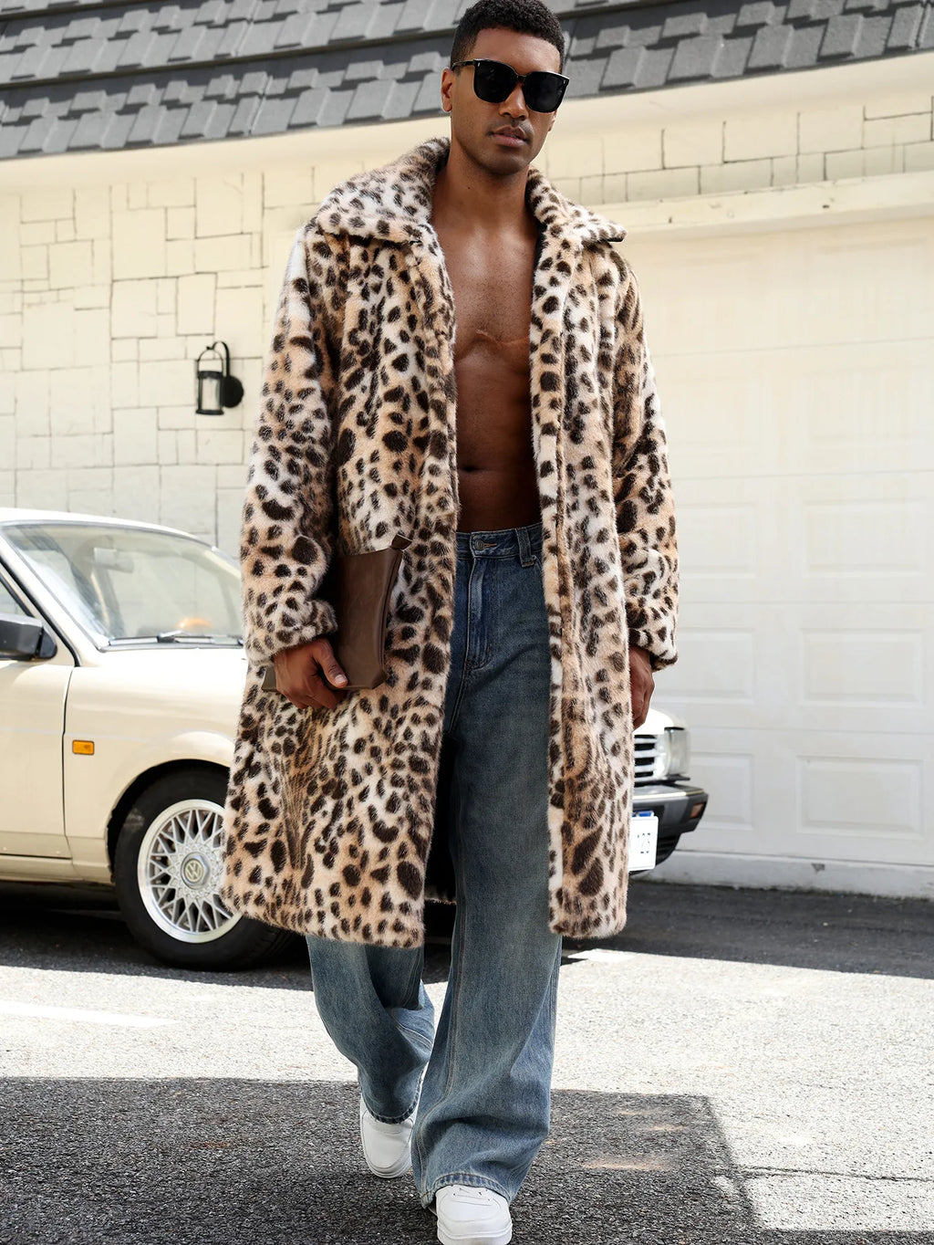 Men Faux Fur Coats Leopard Jackets Color Blocked Turn Down Collar Long Sleeve Single Breasted Straight Casual 2025 Autumn Winter