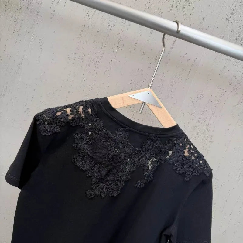 New 2026 Summer Women Casual T Shirts Short Sleeve Spliced Lace Embroidery Solid Color Ladies Fashion O Neck Pullover Tees Tops