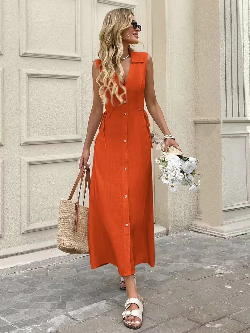 BohemianStyle Dress Sleeveless V-Neck ButtonFront Dresses Elegant Classic Solid Dresses Resort SeasideStyle Vacation Dresses