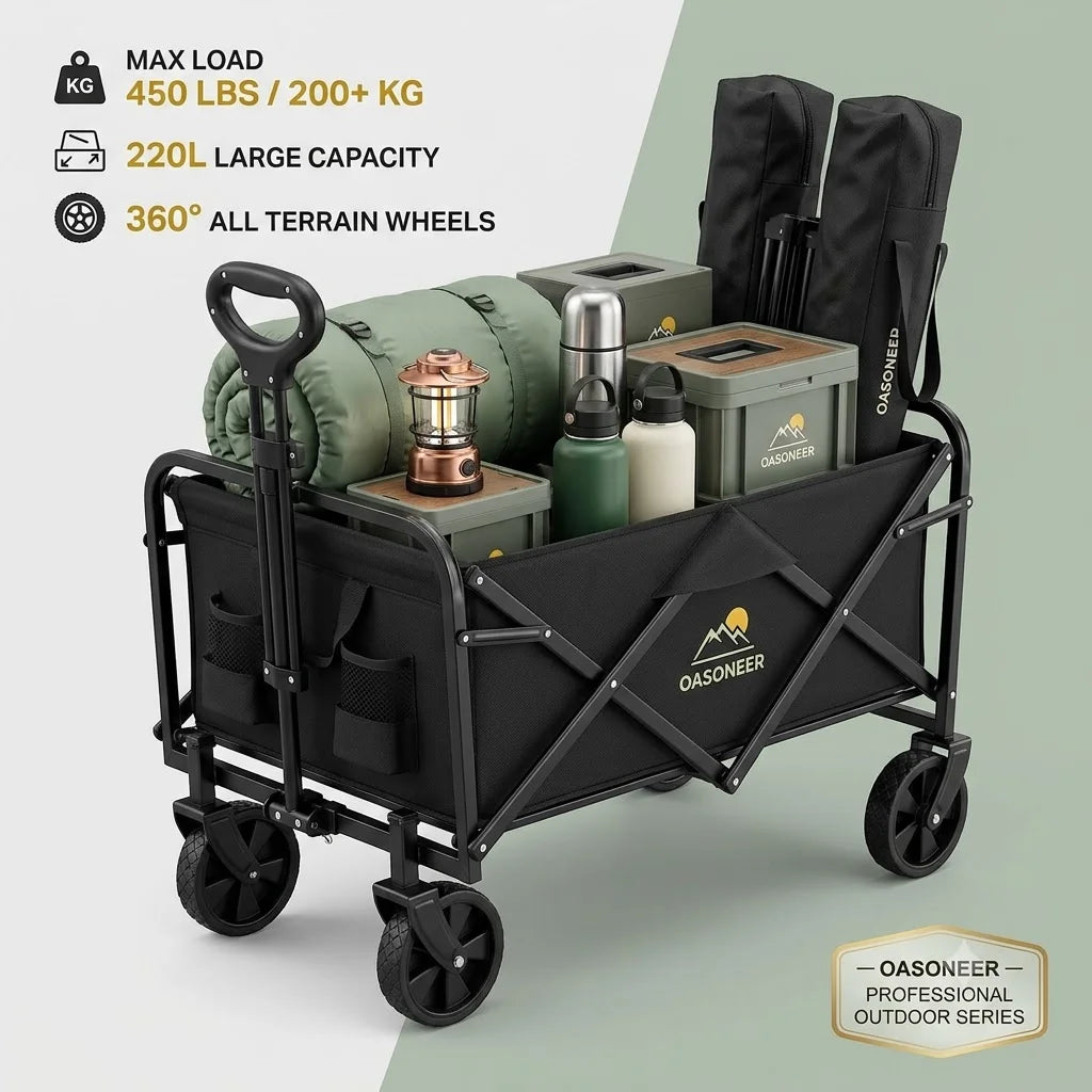 29.5' Heavy Duty Portable Foldable Trolley with All-Terrain Wheels Black for Beach Lawn Sports Camping - Durable Travel Cart
