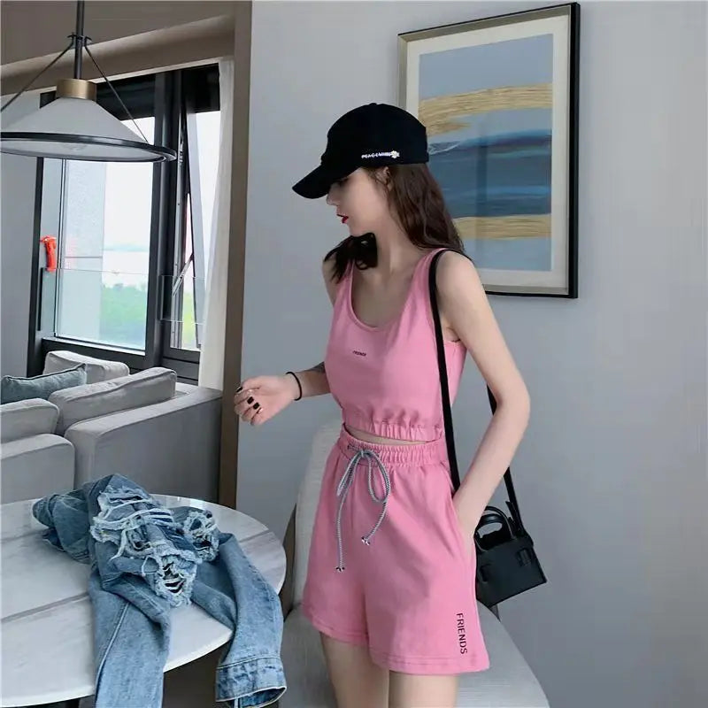 Women's Short Set Summer New Solid Sportswear Tank + Shorts Two Piece Womens Outifits Casual Sport Sets Woman