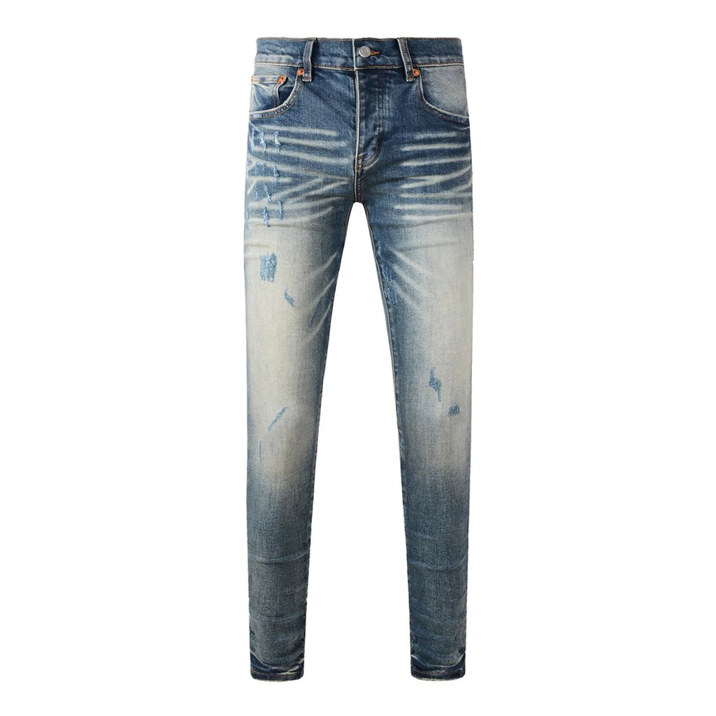 High Street American Distressed Men's Jeans Fashion Brand Coated Blank Stretch Skinny Button Fly Ripped Pants Trousers