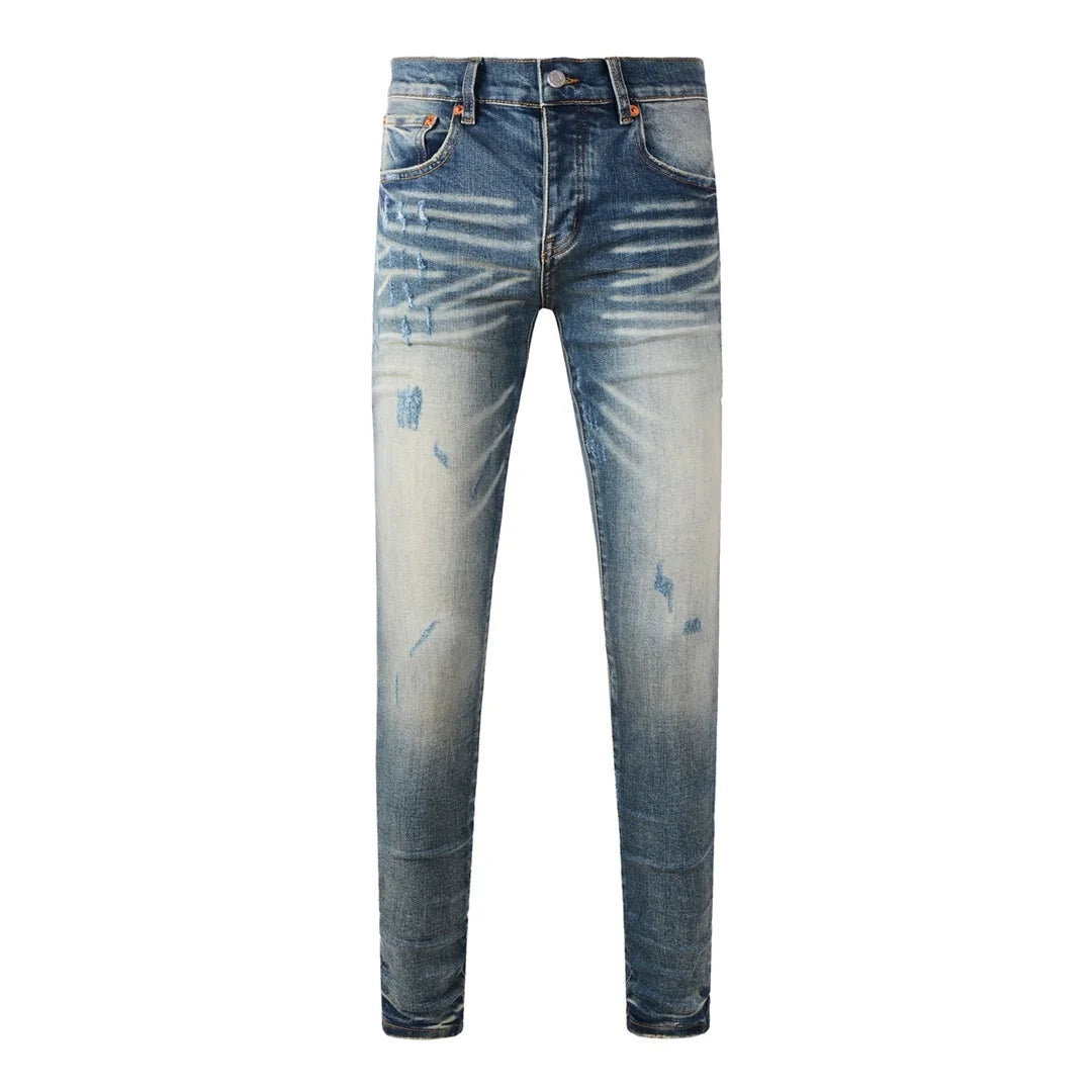 High Street American Distressed Men's Jeans Fashion Brand Coated Blank Stretch Skinny Button Fly Ripped Pants Trousers
