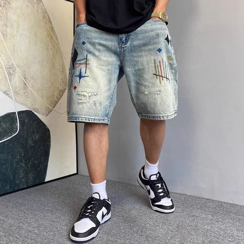 Summer Men American High Street Denim Short Pants Male Lightweight Straight Leg Casual Jeans Fashion Vintage Embroidered Shorts